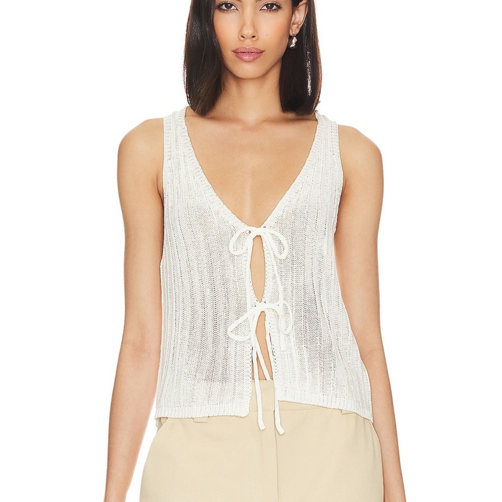 Cream Ribbed Tie Front Tank Top - Picture 5 of 5
